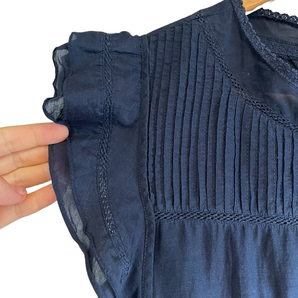 Reiss silk blend navy embroidered ruffle lightweight blouse. - Picture 7 of 16